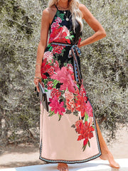 Printed high-waist lace-up halterneck dress