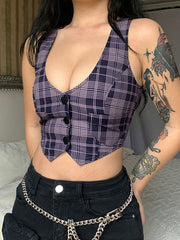 Vintage Plaid U-Neck Vest