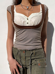 Color-blocking Bubble Sleeve T-shirt