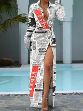 Bedrucktes Revers Langarm-Hemdkleid Langer Rock