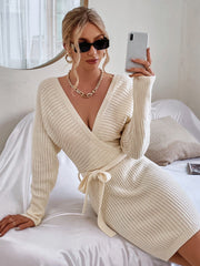 V-neck Knitted Sweater Dresses