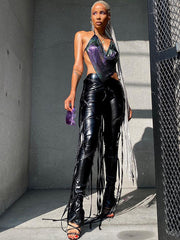 Pantalones casuales de cuero PU con cordones