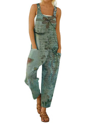 Vintage Portrait Print Sleeveless Pockets Button Jumpsuit