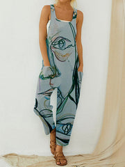 Vintage Portrait Print Sleeveless Pockets Button Jumpsuit
