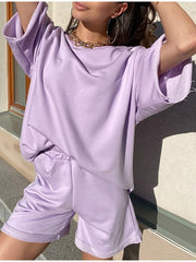 Pure Color Casual Short Ladies Two-piece Suit