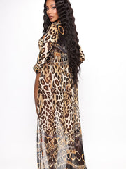 Einteiliger Badeanzug mit langen Ärmeln und Leopardenmuster