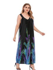 Schwarze, lockere Plus-Kleider mit V-Ausschnitt und Federn