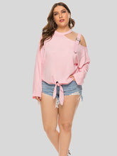 Einfarbiges T-Shirt mit Schleife, langen Ärmeln und überkreuzten Schultern