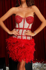Minivestido de plumas sin tirantes - Rojo