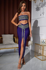 Conjuntos de vestidos de noche con diamantes de imitación sin tirantes de Mopaka