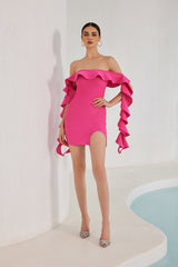 Nessa Schulterfreies Mini-Bandage-Kleid mit Rüschen - Rosa