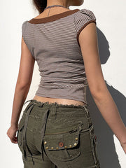 Color-blocking Bubble Sleeve T-shirt