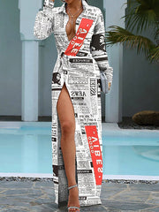 Vestido camisero de manga larga con solapa estampada y falda larga