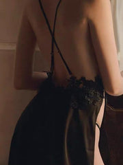 hollow high-density satin suspender dress with milky nightdress