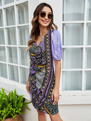 printed mid-waist dress V-neck slim skirt