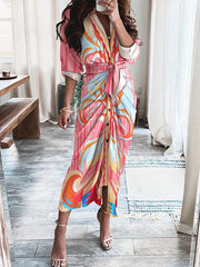 Vestido camisero de un solo pecho con cordones y manga larga estampado