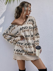 V-neck Long Sleeve Letter Off-the-Shoulder Sweater