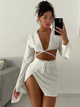 Solid color lapel neck plunging open irregular short skirt