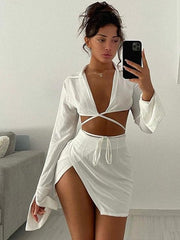 Solid color lapel neck plunging open irregular short skirt