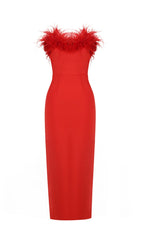 Stretch Strapless Feather Trimmed Gown in Red