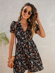 V-neck Ladies Fashion Digital Printed Puff Sleeve Dress