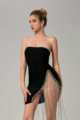 Vestido mini de vendaje con borlas de diamantes de imitación y sin tirantes Baila