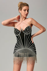 Aimee Neckholder-Minikleid mit Fransenverzierung - Schwarz