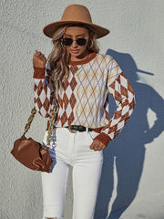 Rundhals-Langarmpullover mit Rautenkaromuster