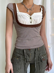 Color-blocking Bubble Sleeve T-shirt