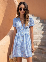 V-neck Ladies Fashion Digital Printed Puff Sleeve Dress