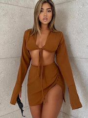 Solid color lapel neck plunging open irregular short skirt