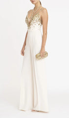 V-Neck Sequin Halter Suit in White