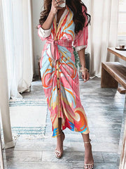 Vestido camisero de un solo pecho con cordones y manga larga estampado