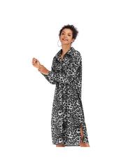 Vestido con estampado de leopardo y falda camisera con abertura de largo medio