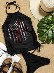 Conjunto de tankini con cordón y cuello halter con bandera estadounidense