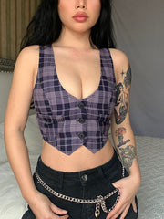Vintage Plaid U-Neck Vest