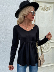 V-Ausschnitt, Knopf, Kordelzug, Strick