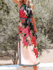 Printed high-waist lace-up halterneck dress