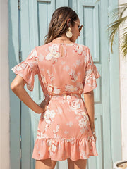 Rundhals-Jumpsuitkleid mit Blumenmuster und Lotusblatt-Muster für Damen