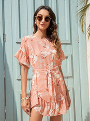 Rundhals-Jumpsuitkleid mit Blumenmuster und Lotusblatt-Muster für Damen