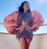 Puff Sleeve Sequined&Tassels Mini Bodycon Dress HT2563