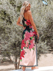 Printed high-waist lace-up halterneck dress