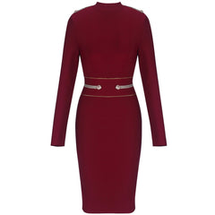 Mini-Bandage-Kleid mit Rundhalsausschnitt und langen Ärmeln und Metallnieten PP1110