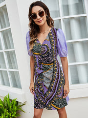 printed mid-waist dress V-neck slim skirt