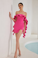 Nessa Schulterfreies Mini-Bandage-Kleid mit Rüschen - Rosa