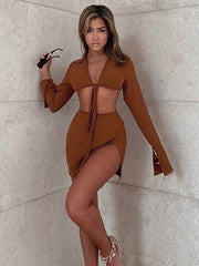 Solid color lapel neck plunging open irregular short skirt