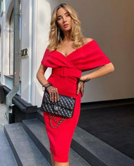 Vestido midi de vendaje con cuello en V, manga corta y cinturón PP211130