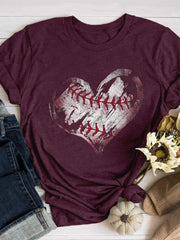 Retro Baseball Heart Print Short Sleeve T-shirt
