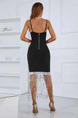 Vestido midi de vendaje con flecos de cristal de Hara