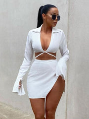 Solid color lapel neck plunging open irregular short skirt